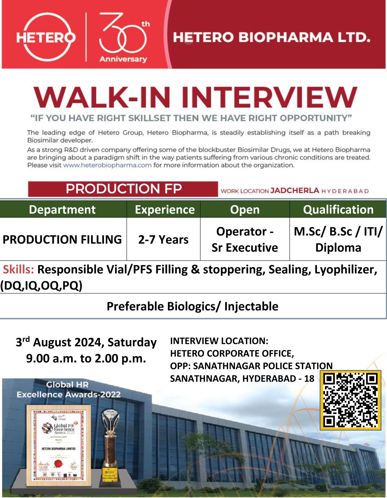 Production Department Walk-in Interview at Hetero Biopharma