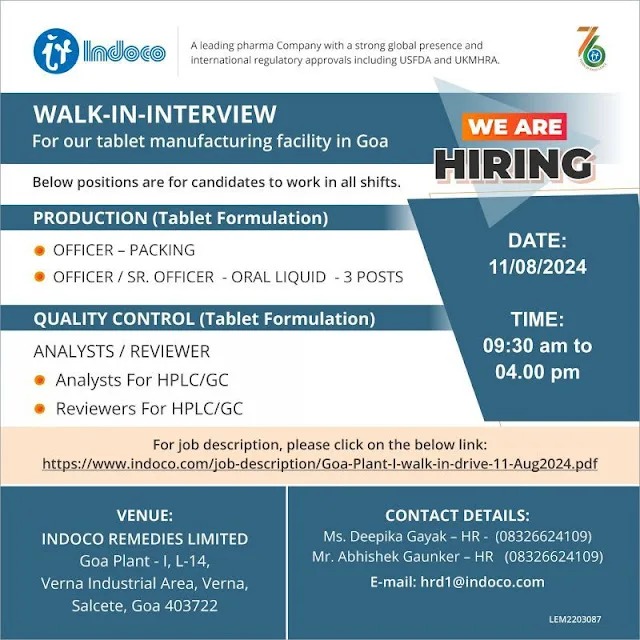 Indoco Remedies Limited is hiring for Production and QC