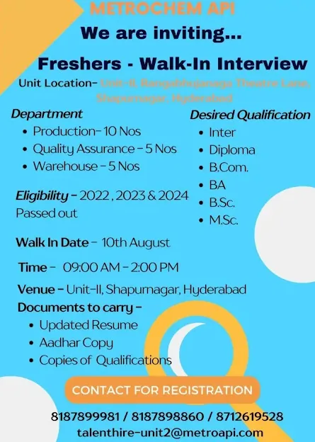 Metrochem API Walk-in Interview Production, QA, and Warehouse