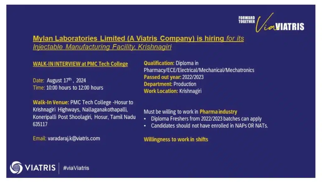 Mylan Walk In Interview for Diploma freshers