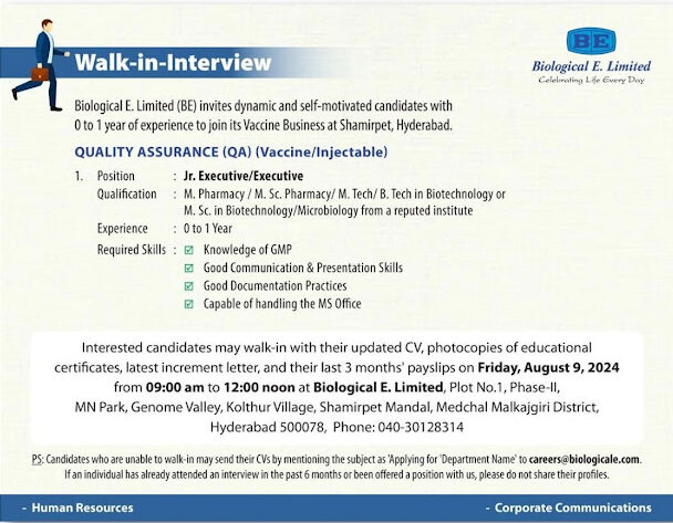 Walk-In Interview for QA Dept 